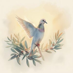 Watercolor illustration of a white dove, symbolizing the Holy Spirit, perched on an olive branch with soft golden light in the background.
