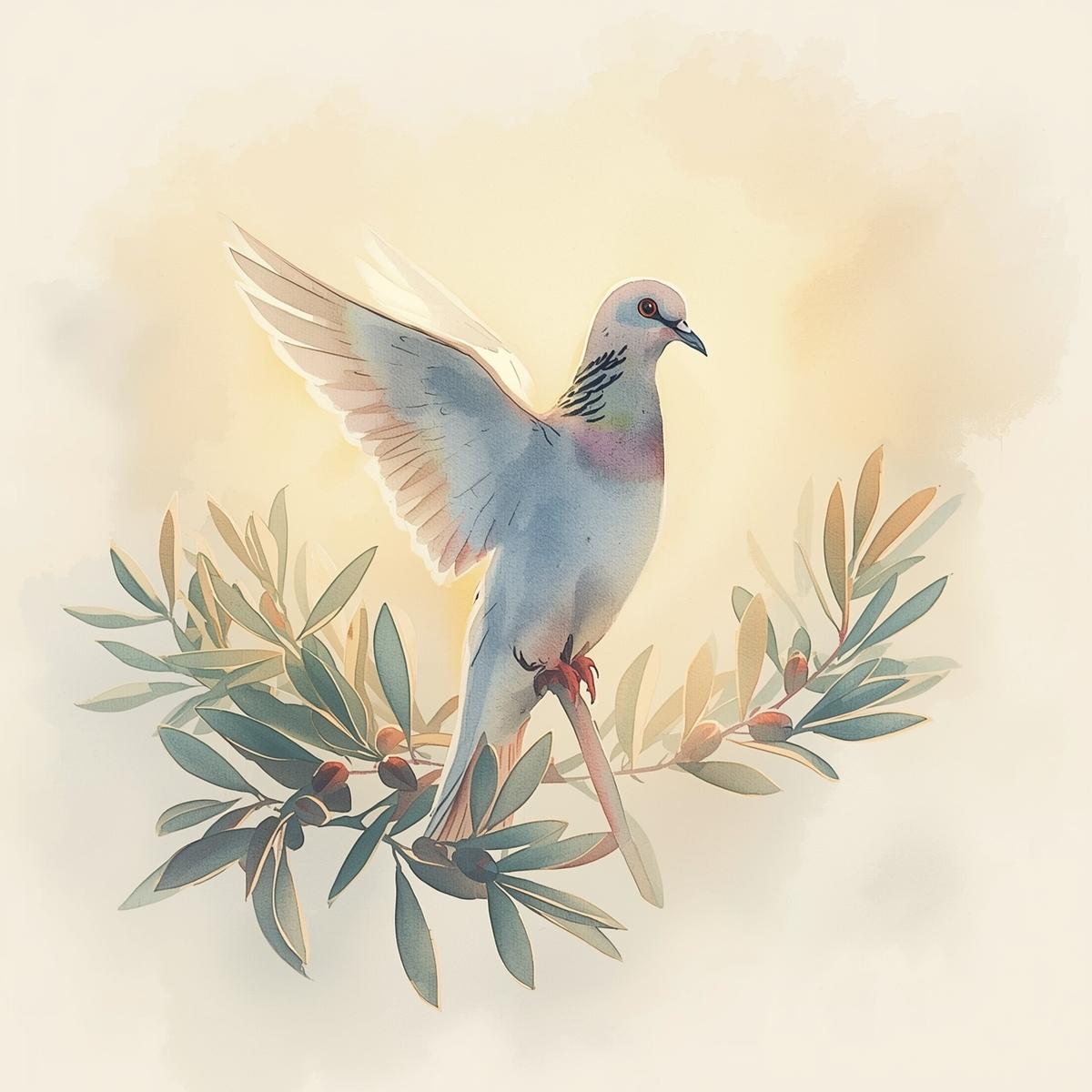 Watercolor illustration of a white dove, symbolizing the Holy Spirit, perched on an olive branch with soft golden light in the background.