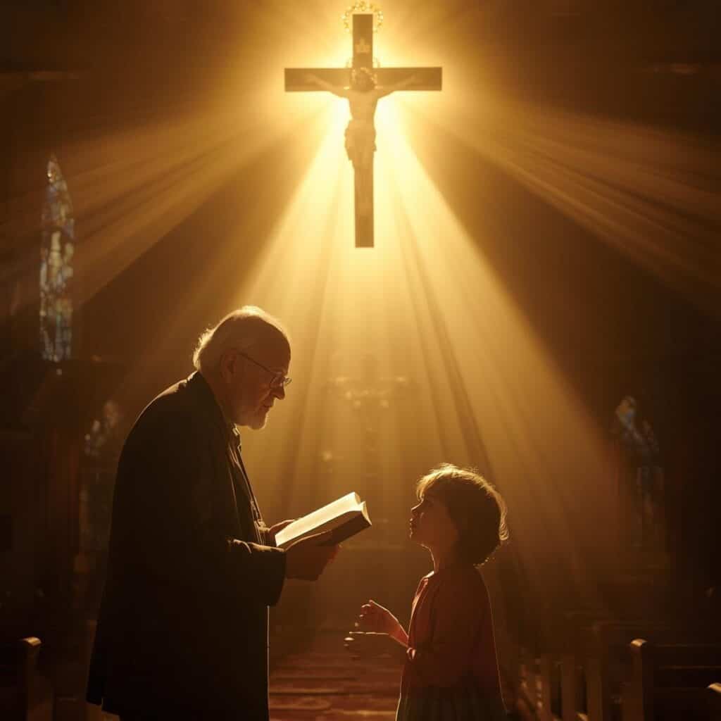 A reverent scene in a church showing an elderly man and a young girl under divine light with a cross, symbolizing faith, spiritual growth, and biblical teachings.
