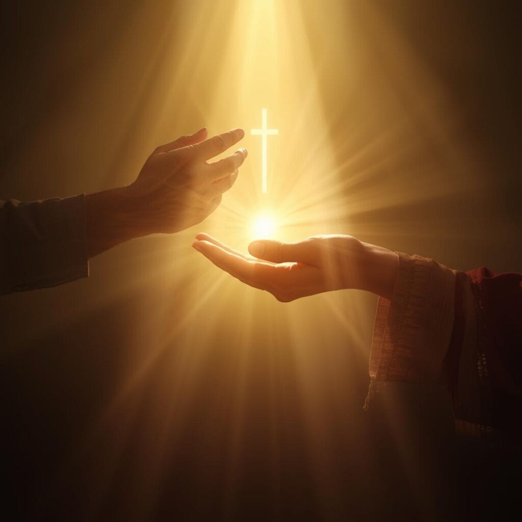 Close-up of two hands reaching toward a glowing cross with radiant light, representing faith and Christian living.
