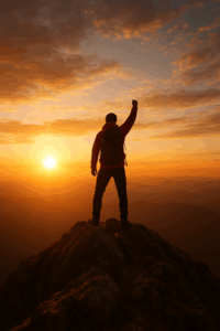 A lone climber standing on a rocky mountain peak at sunrise with one arm raised, silhouetted against a glowing orange sky, symbolizing perseverance and triumph.