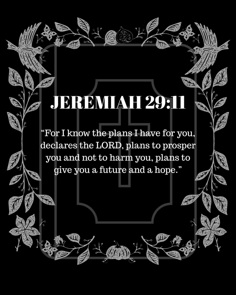 Black and white floral frame with a cross and Jeremiah 29:11 displayed, representing inspiring Bible verses about hope and God’s plans.