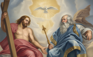 Christian artwork depicting God the Father and Jesus Christ seated in heaven with the Holy Spirit as a dove above them, symbolizing the Holy Trinity and the question of whether God and Jesus are the same person.